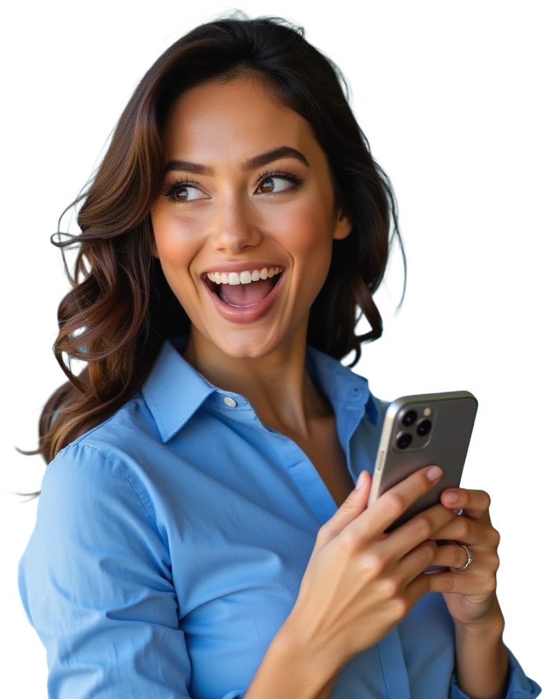 Mulher sorrindo e olhando o celular, imagem de marca da TopX